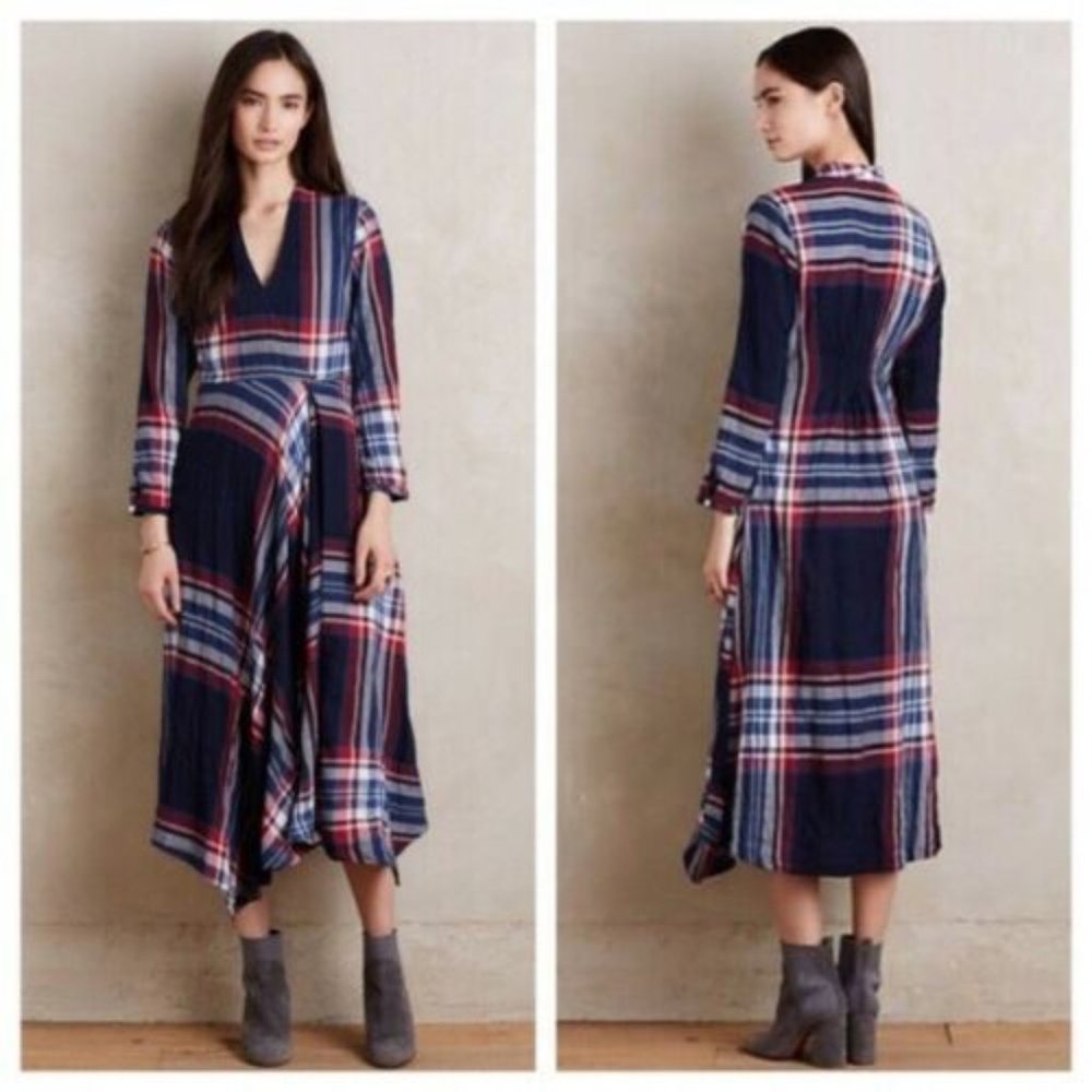Anthropologie Navy Plaid Maxi Dress with Red & White Accents